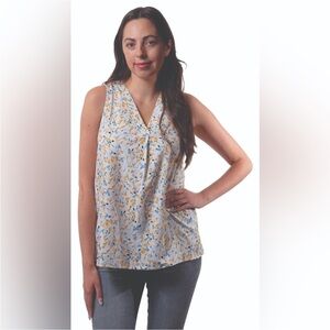 PAPA Vancouver Chic Floral V-Neck Blouse in Blue and Yellow sleeveless NWT